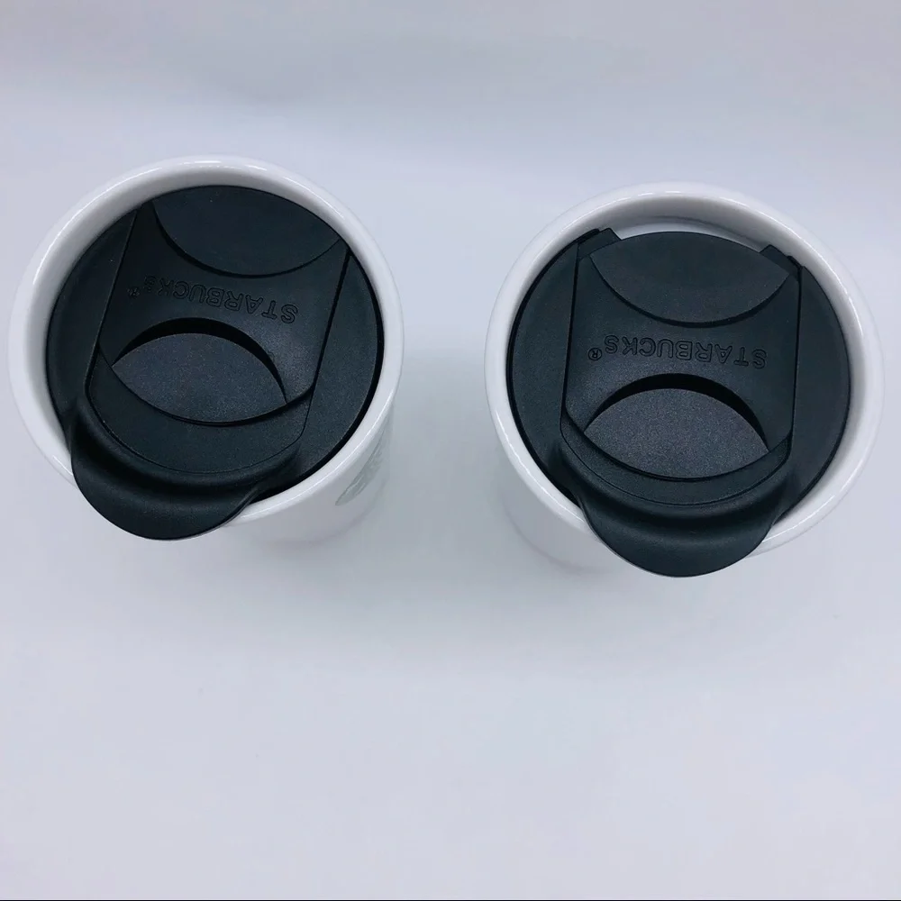 Starbucks set of 2 ceramic 10 ounce travel tumbler with black sliding lids